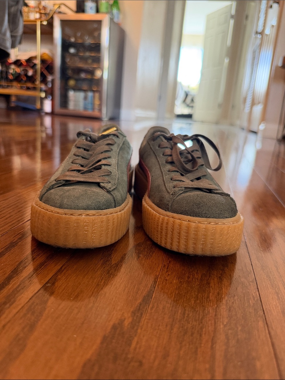 Fenty x Puma Olive Green Suede Platform Sneakers with Gum Sole
